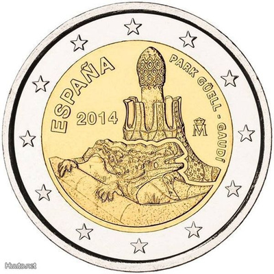 ** ESPANJA 2€ 2014 Park Güell Gaudi pillerissä **