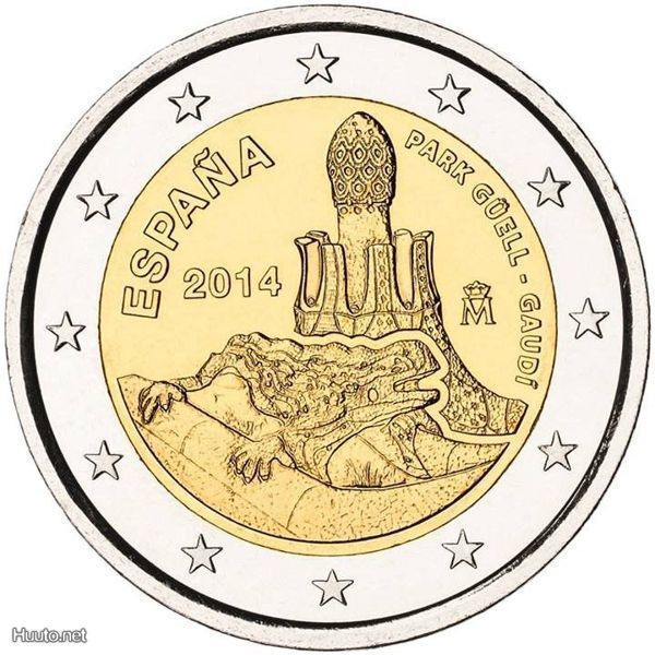 ** ESPANJA 2€ 2014 Park Güell Gaudi pillerissä **