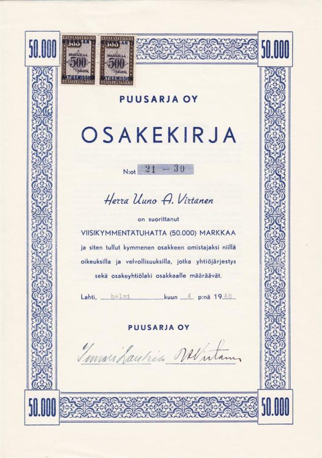 OKK 1948 Puusarja Oy, Lahti osakekirja