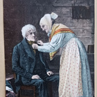 iäkäs leidi sitoo vanhan herran kaulahuivia, väripk, p. 1906 - pikkukuva 1