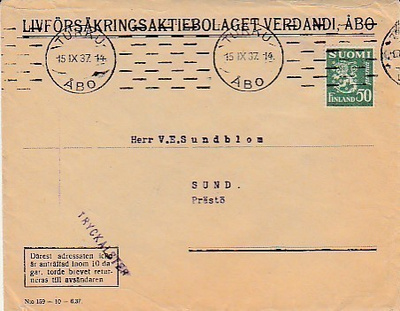 1937, Livförsäkringsaktiebolaget Verdandi, Åbo kirje Sund, P