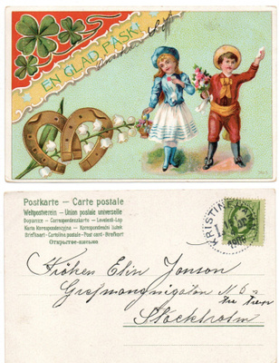Vanha kortti, lapset ja hevosenkengät, vuodelta 1906