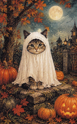 Halloween kissalla haamuasu, kurpitsat ja syksyiset lehdet