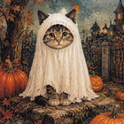 Halloween kissalla haamuasu, kurpitsat ja syksyiset lehdet - pikkukuva 1