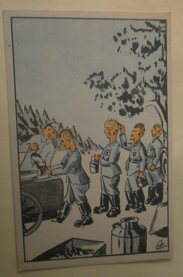 Sotilaat jonottavat kenttäkeittiölle, piirrospk (KEK), ei p.
