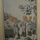Sotilaat jonottavat kenttäkeittiölle, piirrospk (KEK), ei p. - pikkukuva 1