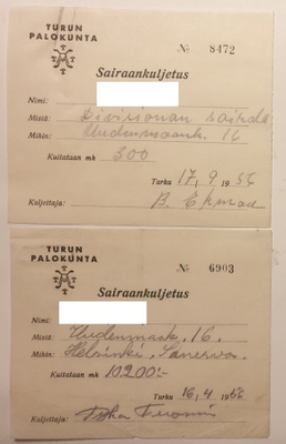 FIRMAKUITTI 2 KPL TURUN PALOKUNTA SAIRAANKULJETUS 1956