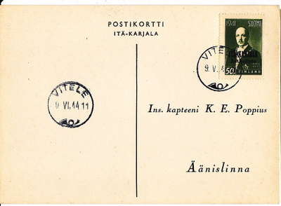 Postikortti Itä-Karjala Sot.Hallinto Vitele Leima 1944