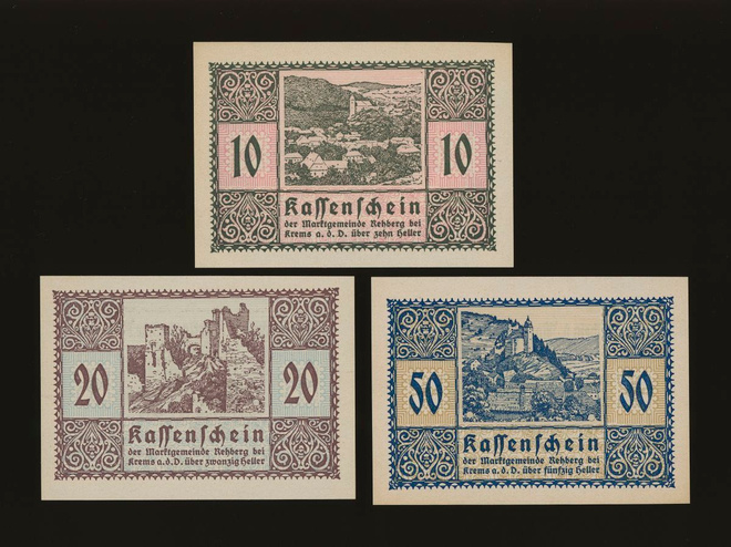 Itävalta Notgeld 10, 20, 50 Heller, Rehberg 1920