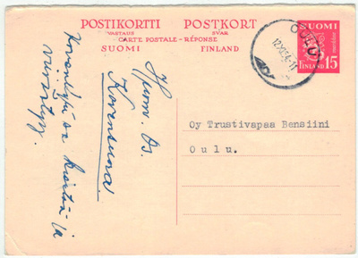 1952 15 mk postikorttivastaus