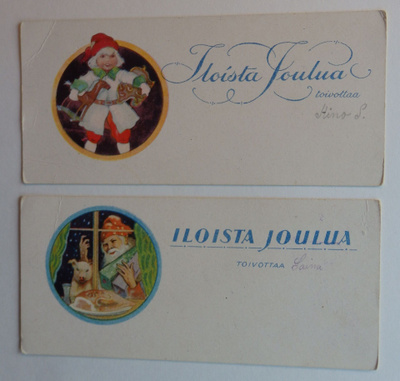2 kpl Joulukortteja, Jenny Nyström, korttikoko 13 x 6 cm