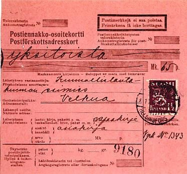 M30 1930 1,5mk violetti postiennakkovapaakirje