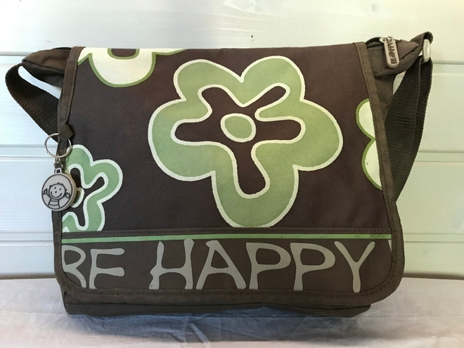 Be Happy ruskea kangaslaukku vihreillä kukilla