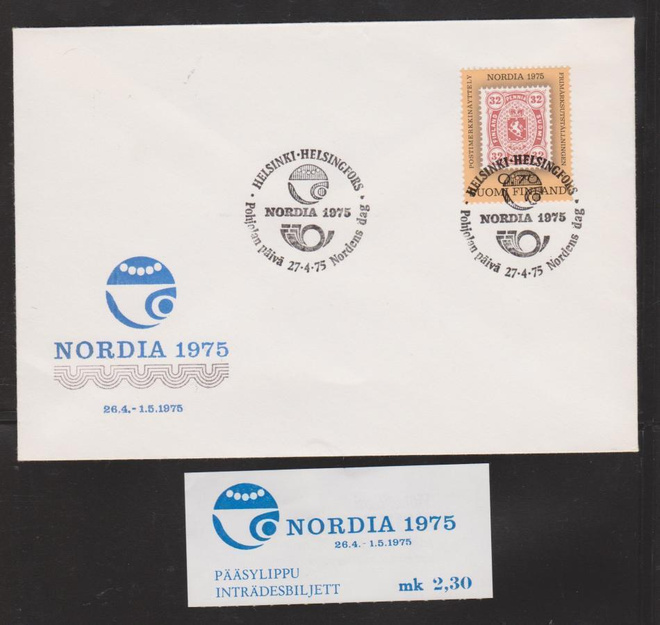 1975 Postimerkkinäyttely NORDIA 2.päivän leima+lippu