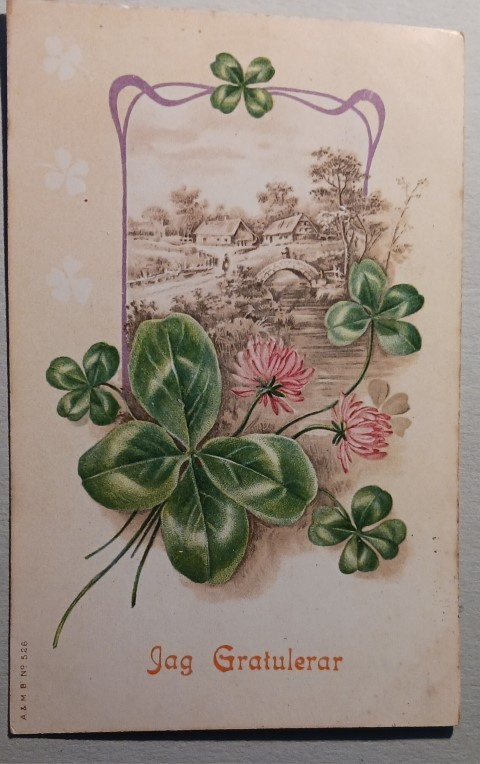 Maisema ja onnenapiloita, onnittelupk, p. 1920