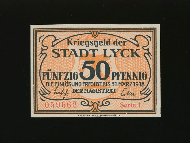 Saksa Notgeld 50 Pfennig, Lyck 31.3.1918 Serie 1