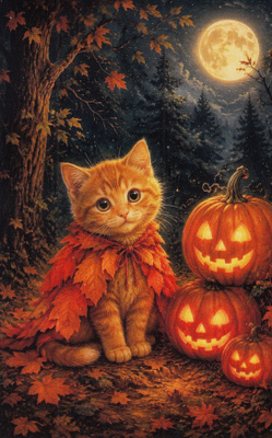 Halloween kissa ja kolme kurpitsaa