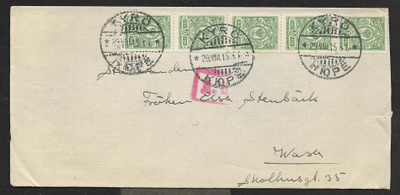 Postil. - 5p 1911 (LAPE 5x62) Kyrö 29.8.1915 + sens