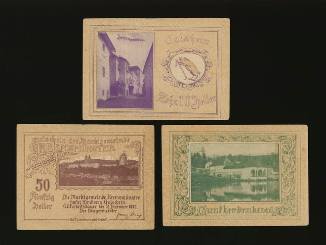 Itävalta Notgeld 10, 20, 50 Heller, Kremsmuenster 1920