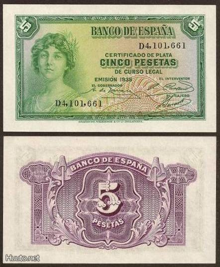 Espanja Spain 5 Pesetas 1935 (P-85) UNC
