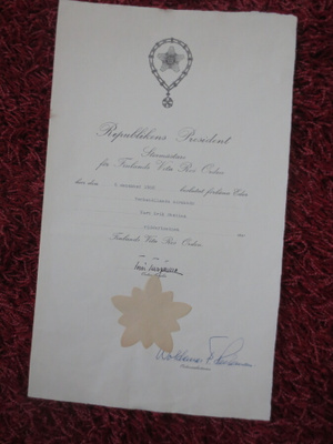 Tasavallan Presidentin Myöntökirja Suurmestarille v.1968