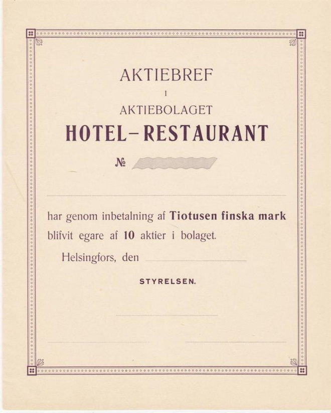 OKK 1920 Hotel-Restaurant Ab (Kämp) bla, Helsinki osakekirja