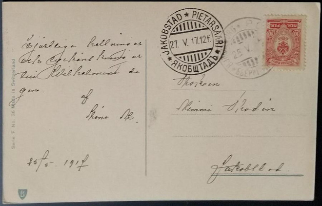 Kukkakortti 1917, Pori --- Pietarsaari, kotkamerkillä