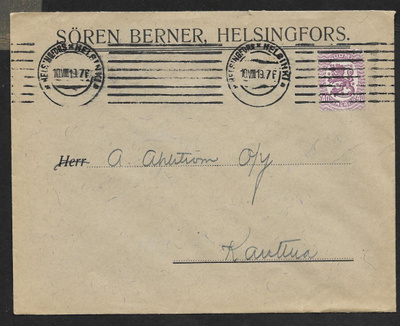 Postilähetys - Saarinen 0,40mk (LAPE 72A) Helsinki 10.8.1919