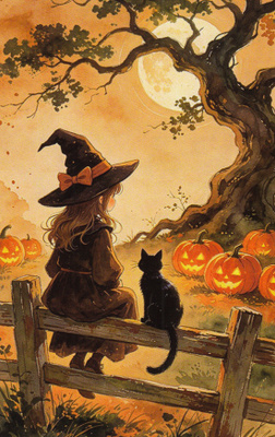 Halloween noitatyttö istuu kissan kanssa aidalla