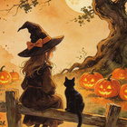 Halloween noitatyttö istuu kissan kanssa aidalla - pikkukuva 1