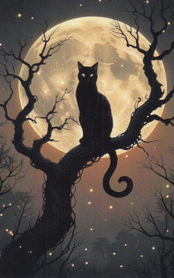 Halloween kissa puun oksalla, vaalea täysikuu