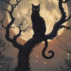 Halloween kissa puun oksalla, vaalea täysikuu - pikkukuva 1