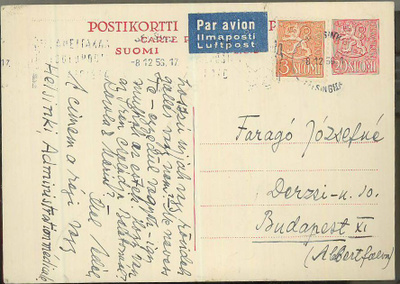 M54 1956 20(mk) ehiökortti lisämerkillä lentokortti Unkariin