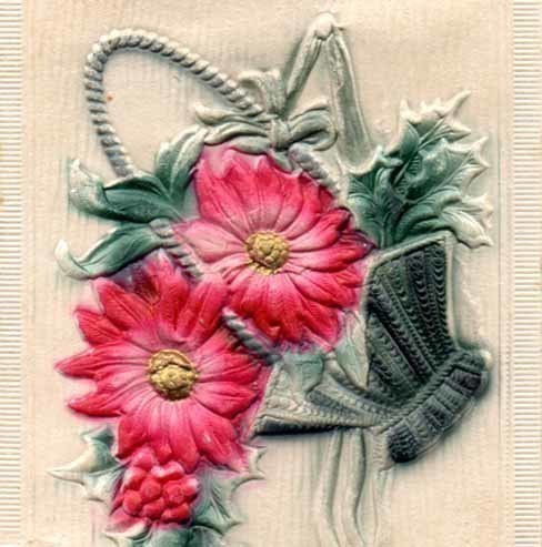 ANTIIKKIKORTTI / Voimakas kohopainettu kukkakori. 1900-l.