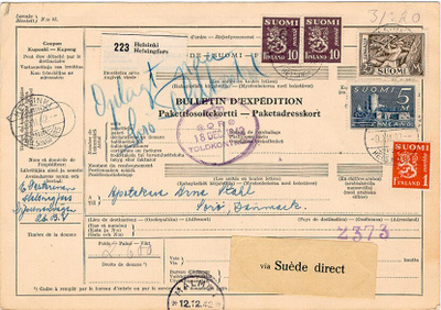 1942 postipaketti Tanskaan via Suède direct