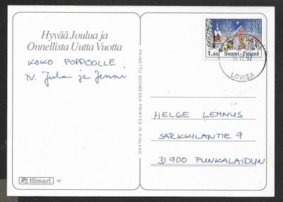 Postilähetys - Joulu 1992 1,80 (LAPE 1190) Loviisa 17.12.92