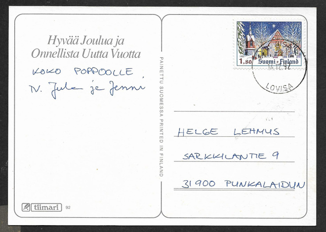 Postilähetys - Joulu 1992 1,80 (LAPE 1190) Loviisa 17.12.92
