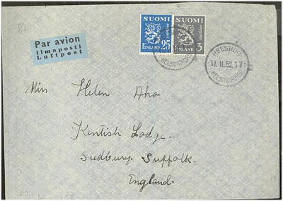 1952 25mk sin. leijona ym lentokirje Englantiin
