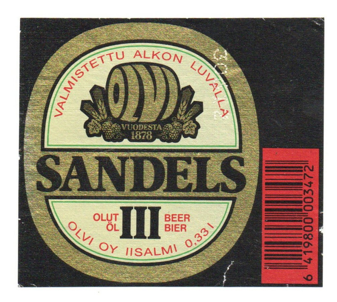 Olvi OY IISALMI: SANDELS III Olut. Etiketti.