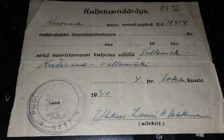 Kuljetusmääräys Villamäki-Kutisma-Villamäki 1941 PK900/18