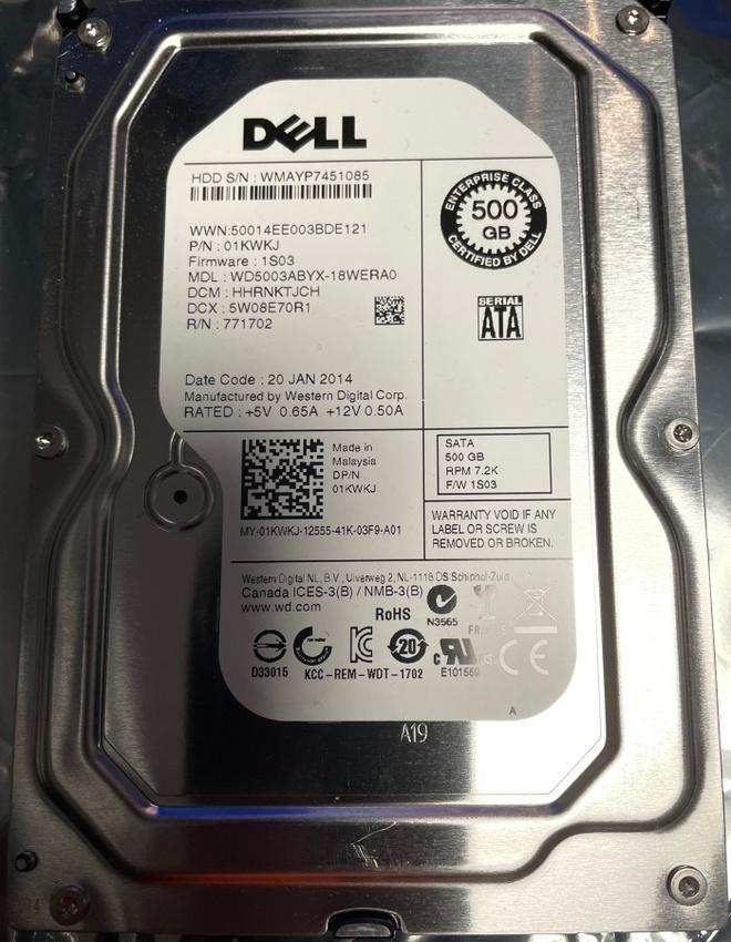 Dell 500gb 3,5" sata kovalevy - käytetty