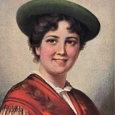 NAINEN / Vihreähattuinen tyttö huivi harteillaan. 1900-l.