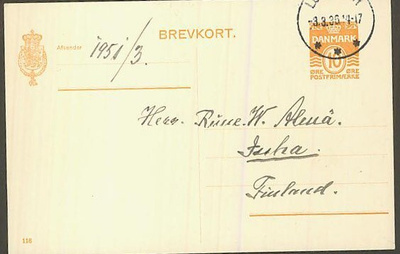 Tanska 1936 ehiökortti Suomeen