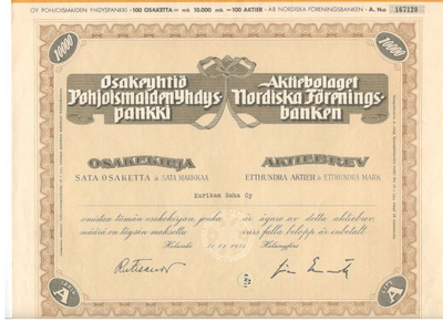 OKK obligatio Pohjoismaiden Yhdyspankki PYP, SYP, osakekirja