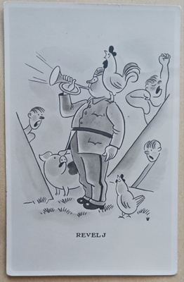 Aamusoitto leirillä, herätykseen osallistuu kukkokin p. 1940