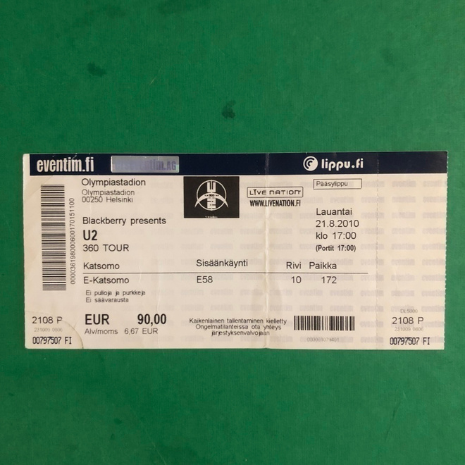 Keikkalippu: U2. 360 Tour. Olympiastadion 2010.