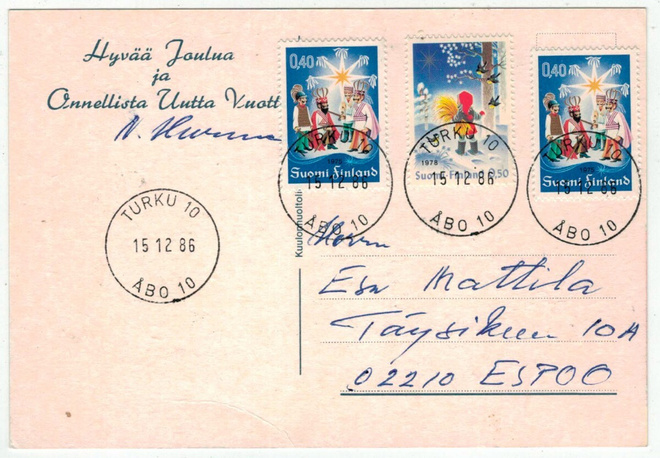 1986 3 loistoleimaista joulupostimerkkiä kortti