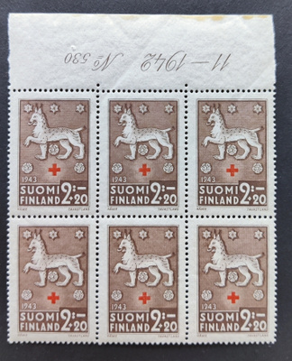 1943 Punainen Risti 2mk+20p numerokuusilo **