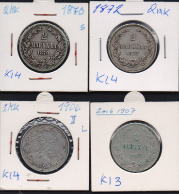 1870-1907 2 markkaa 4kpl kuntoluokat kuvassa