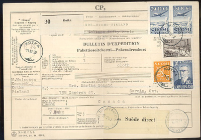 1950 postipaketti Kanadaan via Suède  direct - mm 2 x 300mk